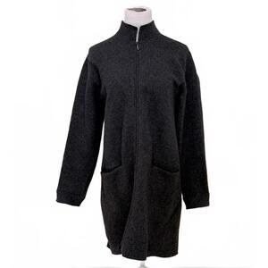 Eileen Fisher Dark Gray 100% Wool Full Zip Mid Length Coat Cardigan Medium